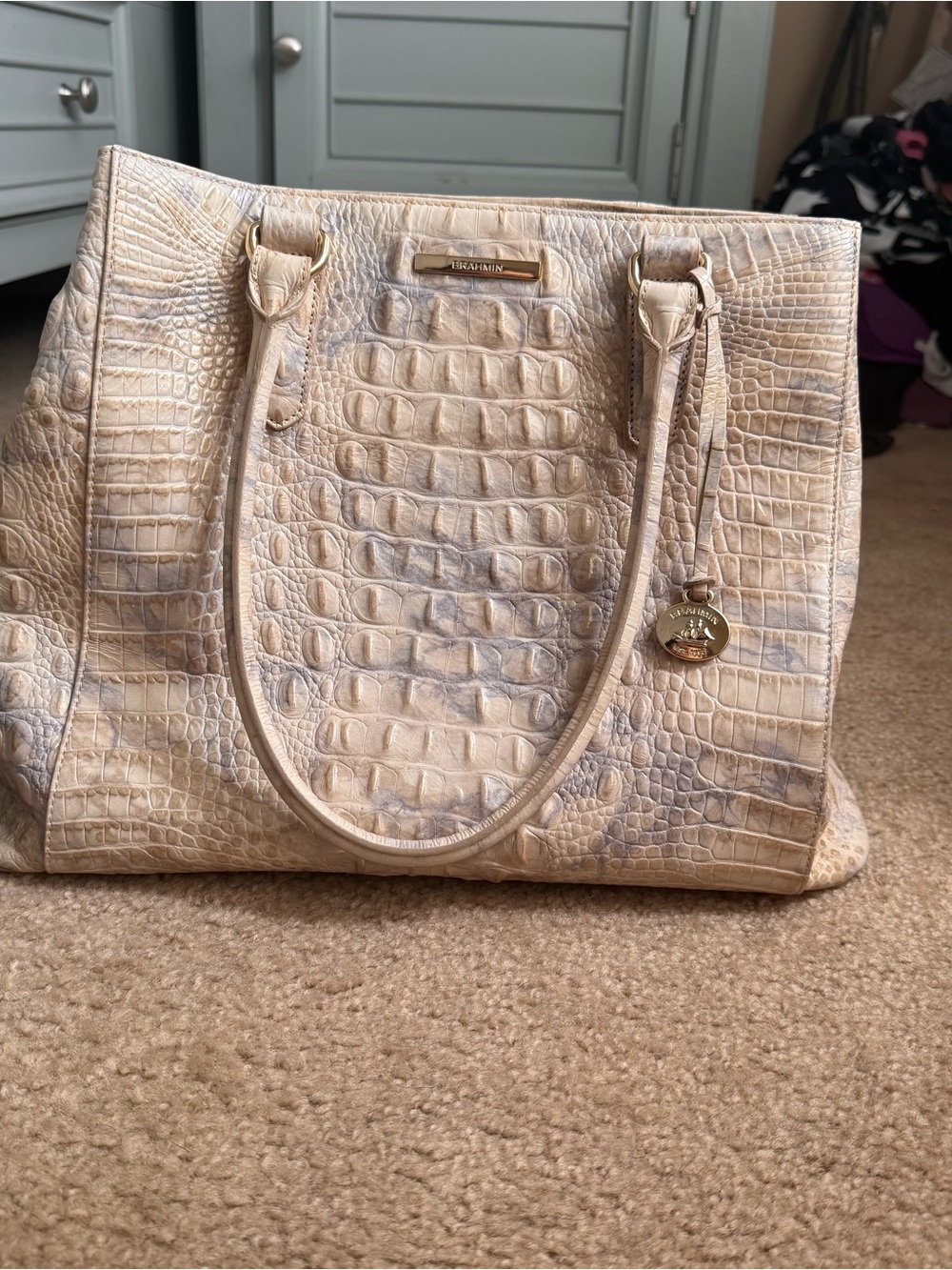 Brahmin Cream Croco-Embossed Tote with Gold Accent